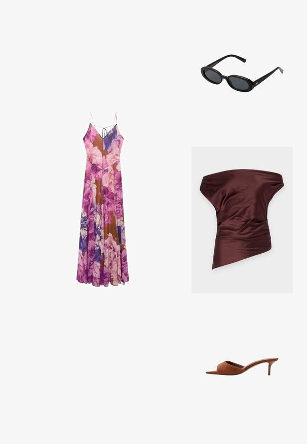 STAUD PHARE - Top - merlot; Floral maxi dress featuring a blend of purple and brown hues, lightweight fabric, thin spaghetti straps, and a flowing silhouette.; Brown suede open-toe mules with a curved design, featuring a low stiletto heel and smooth, minimalist lines.; Black oversized sunglasses with oval lenses, smooth plastic frame, and gold accents on temple. Dark lenses provide sun protection.; Woven straw handbag with bamboo handles, featuring a textured fringe design in natural beige and a gold chain strap.