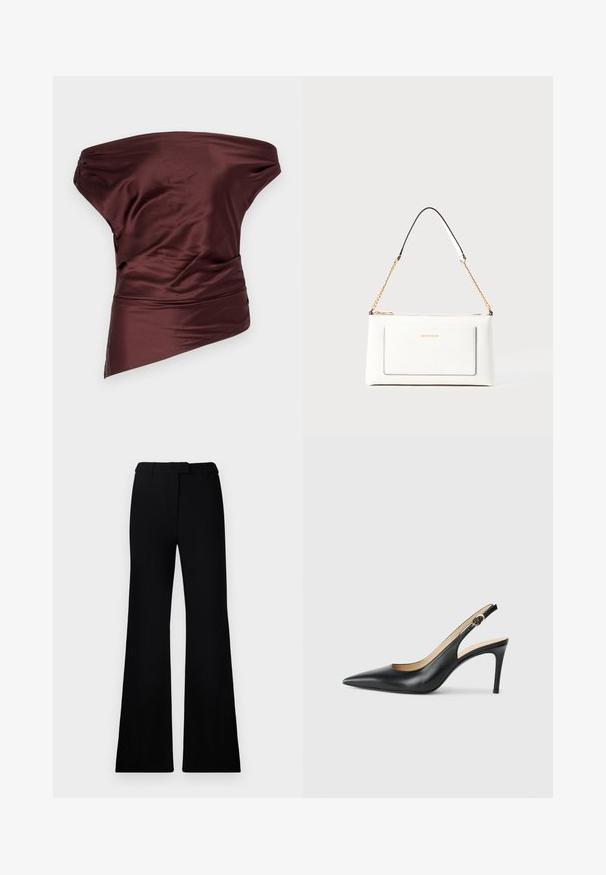 STAUD PHARE - Viršus - merlot; Juodos platėjančios kelnės su lygiu paviršiumi, pritaikyta juosmeniu ir priekinių kišenių dizainu, sukurtos su modernia, elegantiška siluetu.; Juodos odinės slingback aukštakulnės bateliai su smailiu nosiu, reguliuojama juosta ir elegantišku stiletto kulnu, pasižymintys lygia apdaila.; Balta odinė rankinė su tekstūruotu paviršiumi, turinti auksinį grandinėlės dirželį ir juodas detales. Įskaičiuota priekinė kišenė ir užtrauktuko uždarymas.