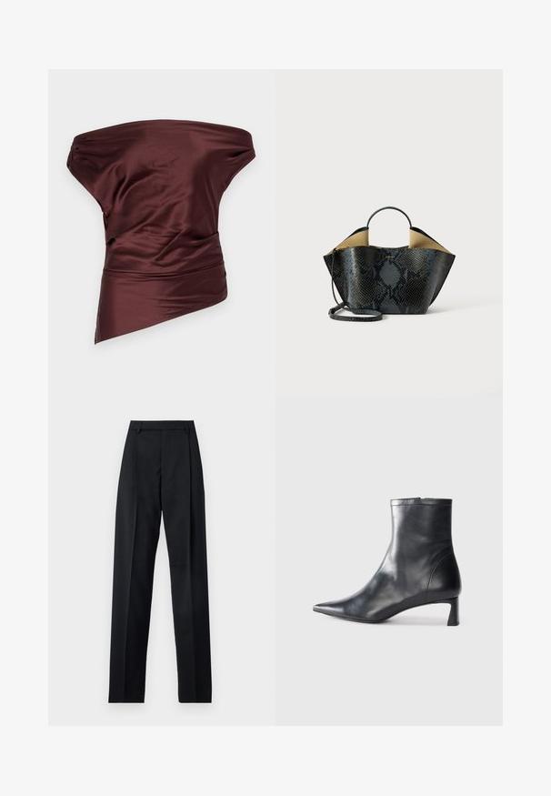 STAUD PHARE - Top - merlot; Schwarze Hosen aus glattem Stoff mit hoher Taille, weitem Bein, vorderen Falten und klassischen Gürtelschlaufen. Keine sichtbaren Seitentaschen.; Schwarze Lederstiefelette mit spitzer Zehe und schlankem Design. Verfügt über einen niedrigen Absatz und einen Reißverschluss hinten. Glatte Textur.; Handtasche mit Schwarz- und Graustich-Schlangenhautmuster, strukturiertem Design, doppelten Griffen und verstellbarem Schultergurt. Verfügt über ein beiges Innenfutter.