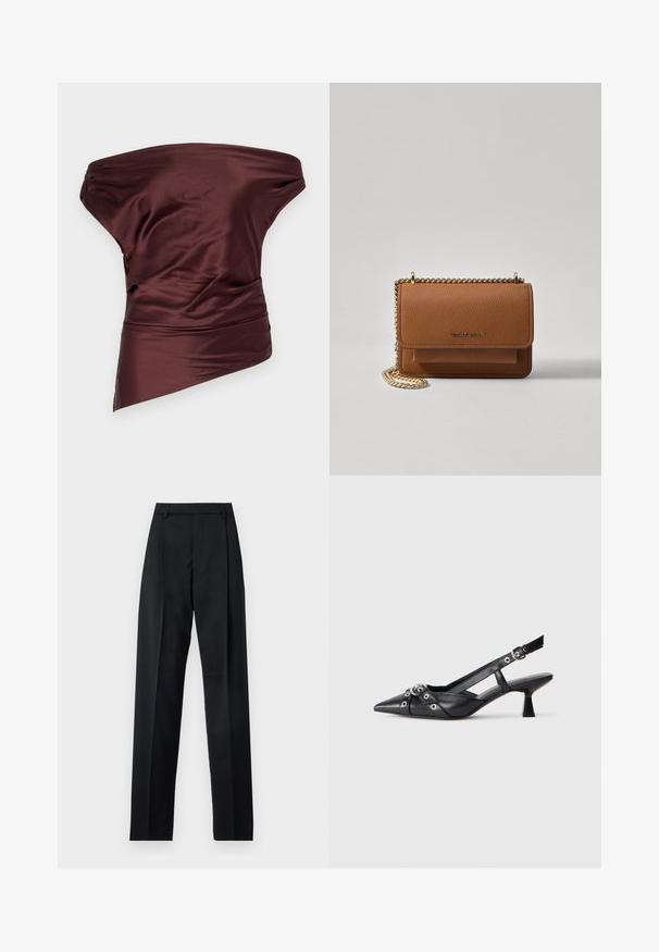 STAUD PHARE - Tops - merlot; Melnas bikses, izgatavotas no gludas auduma, ar augstu vidukli, platiem bikšu galdniekiem, priekšējiem krokām un klasiskām jostu cilpām. Sānu kabatas nav redzamas.; Melnas ādas šlipsveida kurpes ar norādītu purngalu, dekoratīvām joslām ar metāla acīm un zemu bloku papēdi. Teksturēta virsma.; Brūna teksturēta ādas plecu soma ar zelta ķēdes siksnu un atloka aizdari. Priekšpusē ir logotipa detaļa un kabata zem atloka.