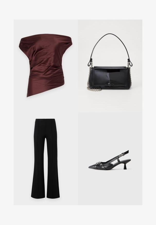 STAUD PHARE - Felső - merlot; Fekete, flared nadrág magas derékkal, rugalmas anyagból készült. Elölnézetén függőleges varrásokkal rendelkezik, sima textúrával.; Fekete bőr slingback cipő hegyes orral, dekoratív pántokkal, fém szemekkel és alacsony blokk sarkú. Texturált felület.; Fekete lakkbőr kézitáska téglalap alakú, láncos vállpánttal és középen egy jellegzetes fém díszítéssel. Simaszerkezet.