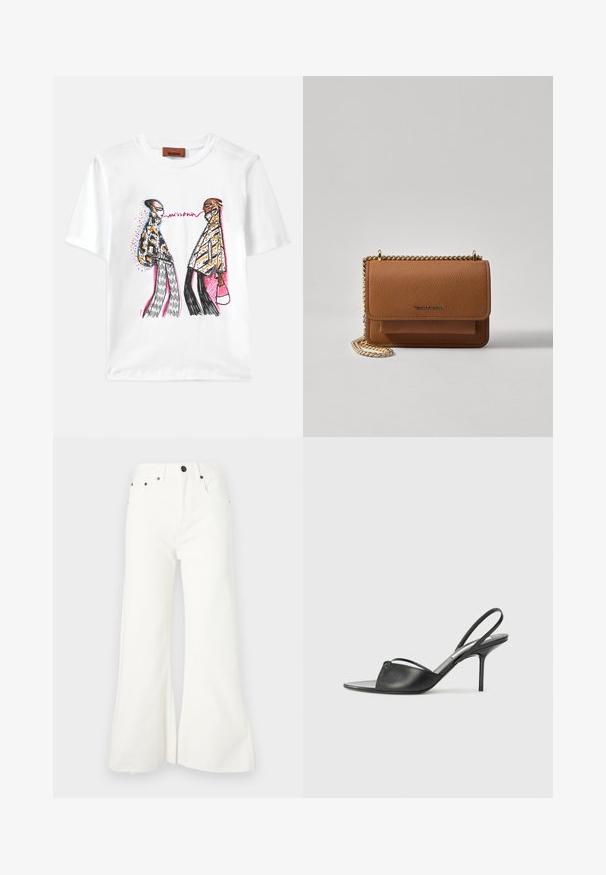 Fehér pamut póló, amelyen színes grafikai illusztráció látható, két stilizált figurával, különféle mintákkal és részletekkel.; Bővülő fehér farmernadrág magas derekú fazonnal, öt zsebbel és nyers szegéllyel. Fém alkatrészekkel és gombos záródással rendelkezik.; Fekete bőr, hátsó pántos, hegyes orrú magassarkú cipők vékony bokapánttal és stiletto sarkukkal. Az orrban csomózott részlet található.; Barna textúrájú bőr keresztbody táska arany lánc pánttal és fedélzárral. Az elején logó részlet és egy zseb található a fedél alatt.