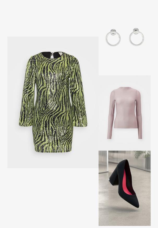 Majica s dolgimi rokavi v svetlo lila barvi, izdelana iz prozorne tkanine z oprijetim krojem. Ima okrogel izrez in gladko teksturo.; Minimalna obleka s sequinom v limetno zeleni barvi z črnimi zebrovimi črtami. Ima dolge rokave, zaobljen ovratnik in zadrgo na hrbtni strani.; Črne visoke petke z nazobčanim prstom, teksturirano površino in živahnimi rožnatimi notranjimi deli. Imajo robustno peto z srebrnim akcentom.; Srebrni kovinski obročasti uhani z brušenjem, s krožno obliko in prozornim zatičem za varno nošenje.