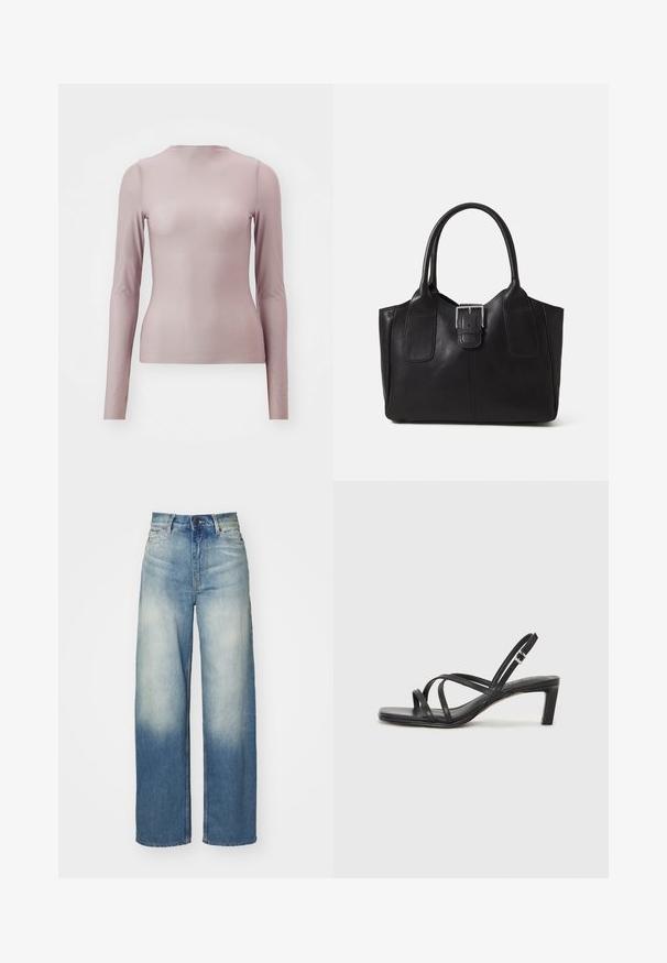 Top à manches longues en mauve clair, confectionné dans un tissu transparent avec une silhouette ajustée. Il présente un col rond et une texture lisse.; Jean larges bleu clair à taille haute, en denim, avec un dégradé délavé, cinq poches et des accents en métal.; Sandale noire à lanières avec un bout carré et un petit talon bloc. Elle présente plusieurs fines lanières et une sangle de cheville ajustable. Fabriquée en cuir lisse.; Sac fourre-tout en cuir noir avec une texture lisse, une forme structurée, deux poignées et un détail en boucle argentée proéminent à l'avant.