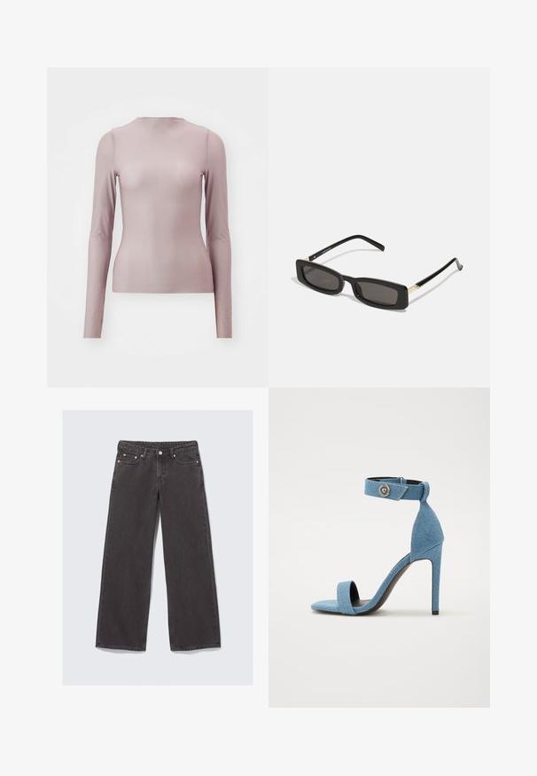 Hosszú ujjú, világos lila felső, áttetsző anyagból készült, testhez álló fazonnal. Crew nyakkivágással és sima textúrával rendelkezik.; Sötétszürke farmerből készült, bő szárú farmernadrág. Jellemzői közé tartozik a magas derék, a réz színű kiegészítők és a klasszikus öt zsebes dizájn.; Kék farmer magas sarkú szandál, bokapánttal és gombos záródással. Négyzetes orral és fekete talppal a kontrasztért.; Fekete téglalap alakú napszemüveg sötét lencsékkel, fényes műanyag kerettel, arany díszítéssel az temples. Minimalista design és elegáns forma.