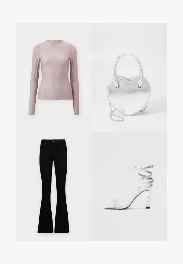 Long-sleeved top in light mauve, made of sheer fabric with a fitted silhouette. Features a crew neckline and smooth texture.; Black high-waist jeans with a button and zip closure, front pockets, and flared legs laid flat on a white background.; Silver high-heeled sandal with a shiny strap design, featuring a pearl-like accent and a spiraled ankle strap for secure fit.; Silver metallic heart-shaped handbag with dual handles, chain strap, and smooth texture. Features metal hardware and stitched edges.