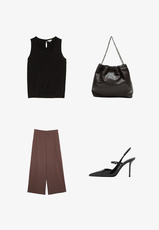 Schwarzes ärmelloses Top mit Ösenmuster, runder Ausschnitt und Schlüsselaugenknopfverschluss hinten. Größe S, Markenlabel sichtbar.; Braune Weite-Leg-Hosen mit einer glatten Textur, hoher Taille und Vorderfalten. Der Stoff ist leicht und fällt locker.; Schwarze Lackleder Slingback-High Heels mit spitzem Zeh, verstellbarem Riemen und Stiletto-Absatz. Glatte Oberfläche mit glänzendem Finish.; Braune Lederhandtasche mit gerafftem Oberteil und Kettenriemen. Glatte Textur mit glänzendem Finish und subtilen Nahtdetails an den Seiten.