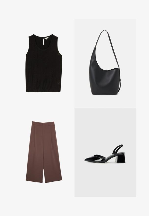 Top senza maniche nero con motivo ad occhio di pernice, scollatura rotonda e chiusura a bottone a occhiello sul retro. Taglia S, etichetta del marchio visibile.; Pantaloni ampi marroni con una texture liscia, caratterizzati da una vita alta e pieghe frontali. Il tessuto è leggero e scorre liberamente.; Décolleté in vernice nera con punta affusolata e tacco in geometria cubica. Presentano un design elegante e minimalista, con una texture liscia.; Borsa hobo nera in pelle con una superficie liscia, forma curvata e una singola tracolla regolabile; presenta un'ampia apertura nella parte superiore.