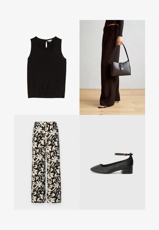 Czarny bezrękawnik z wzorem w oczka, okrągłym dekoltem i zapięciem na guzik w kształcie łezki z tyłu. Rozmiar mały, widoczna metka marki.; Czarne spodnie wide-leg z kremowym kwiatowym wzorem. Wykonane z lekkiego materiału, o gładkiej teksturze i wysokim staniku.; Czarne skórzane szpilki z ostrym noskiem i niskim słupkowym obcasem. Wyposażone w pasek na kostkę z złotym zapięciem. Gładka tekstura.; Czarna torebka o usztywnionym kształcie, gładkiej fakturze i metalowym zapięciem. Połączona z szerokimi czarnymi spodniami i sandałami na otwartym palcu na drewnianej podłodze.