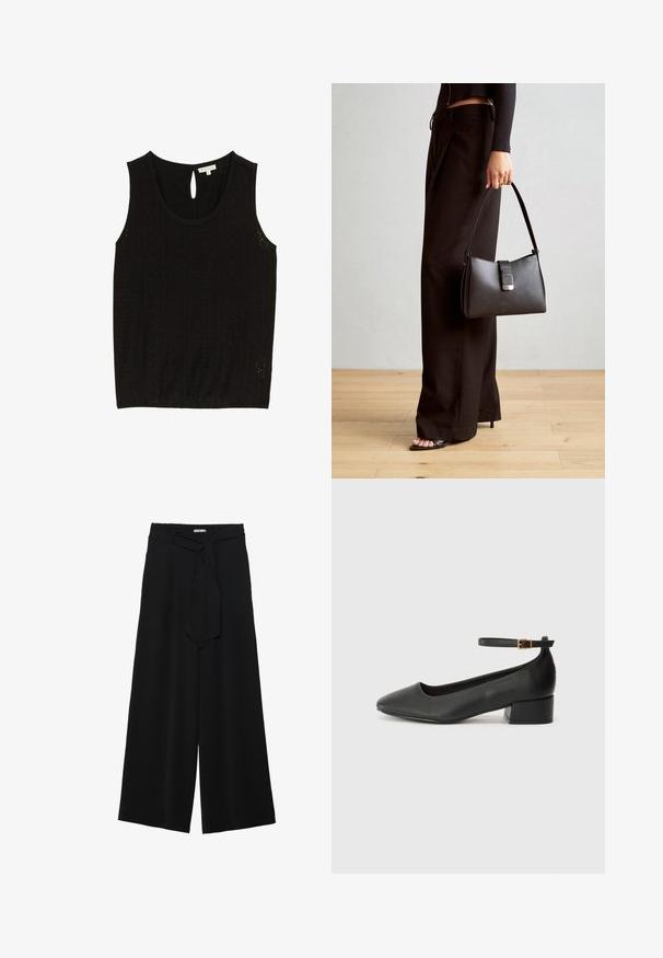 Black sleeveless top with eyelet pattern, round neckline, and keyhole button closure at the back. Size small, brand label visible.; Black wide-leg pants featuring a textured fabric, an elastic waistband, and a detachable sash tie at the waist for adjustable fit.; Black leather pump with a pointed toe and a low block heel. Features an ankle strap with a gold-tone buckle. Smooth texture.; Black handbag with structured shape, smooth texture, and a metallic clasp. Paired with wide black pants and open-toe sandals on wooden floor.