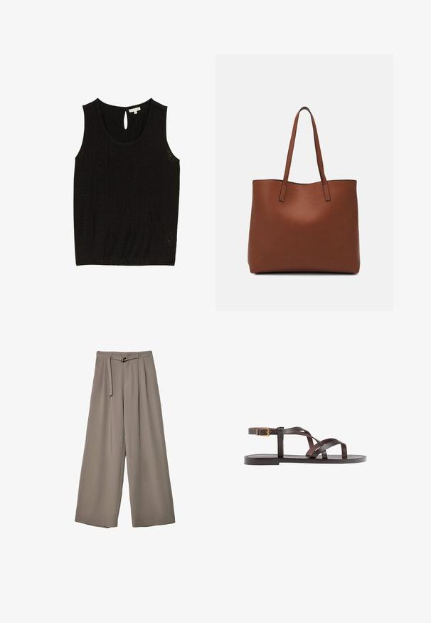 Sort ærmeløs top med hulsynsmønster, rund halsudskæring og nøglehulknaplukning bagpå. Størrelse small, mærkelabel synlig.; Vide ben bukser i et blødt, afdæmpet grå stof, med en bælte i taljen og plisseringer for ekstra designdetalje. Glat tekstur, ingen mønstre.; Brune lædersandal med krydsende stropper, ankelspænde og en flad sål med minimale syninger.; Brun læder tote taske med en glat overflade, åben topdesign og to skulderremme. Har minimal syning og ingen synlig hardware.