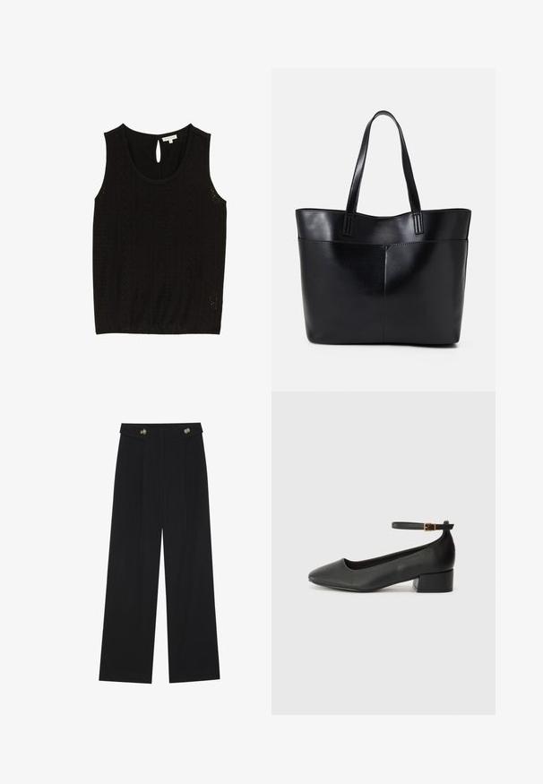 Black sleeveless top with eyelet pattern, round neckline, and keyhole button closure at the back. Size small, brand label visible.; Black wide-leg trousers with high waist, button details on waistband, and front pleats.; Black leather pump with a pointed toe and a low block heel. Features an ankle strap with a gold-tone buckle. Smooth texture.; Black leather tote bag with two long handles, a smooth texture, and a structured shape. Features a front pocket for additional storage.