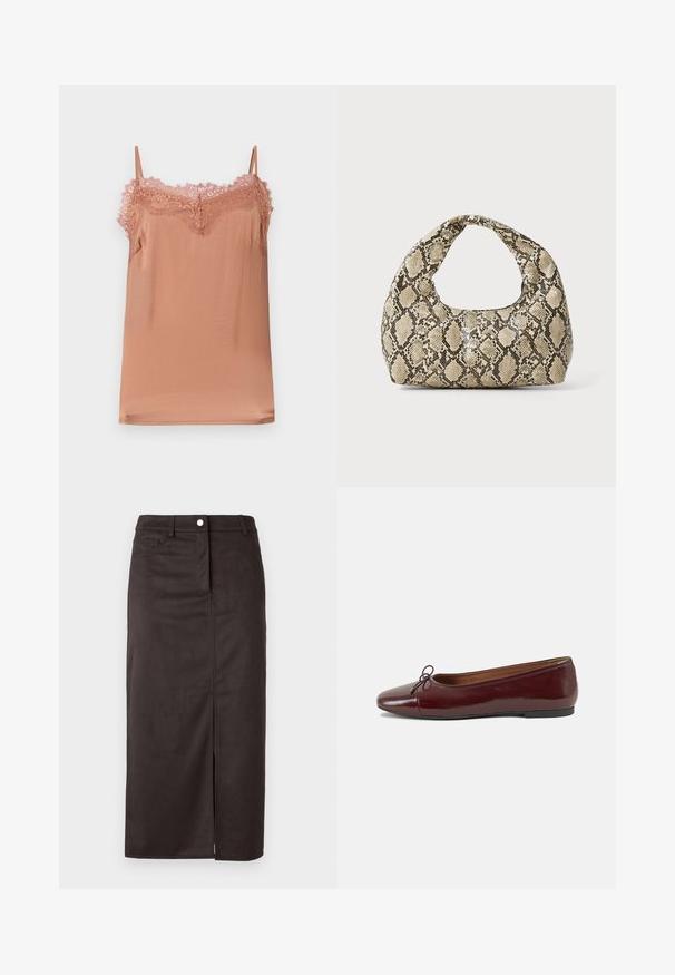 Top cami en tissu rose doux, avec des bretelles réglables et une bordure en dentelle le long de l'encolure. Texture lisse avec une coupe décontractée.; Jupe marron, longueur genou, fabriquée dans un tissu lisse. Présente une fente à l'avant, un fermoir à boutons et des poches latérales pour plus de fonctionnalité.; Ballerines en cuir verni bordeaux avec un bout rond, un petit nœud décoratif à l'avant et une semelle en caoutchouc noire basse. Texture lisse.; Sac à main en motif serpent avec une poignée incurvée. Fabriqué à partir de matériaux texturés beiges et bruns, présentant un motif en diamant distinctif.