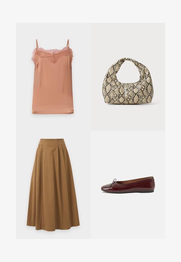 Top na ramínka z měkké růžové tkaniny, se zpevněnými ramínky a krajkovým lemem kolem výstřihu. Hladká textura s volným střihem.; Hnědá bavlněná sukně ve stylu A s vysokým pasem, se sklady na přední straně a hladkou texturou. Lemování je čisté a jednoduché.; Burgundské lakové baleríny s kulatou špičkou, malou mašlí vpředu a nízkou černou gumovou podrážkou. Hladký povrch.; Kabelka s hadím vzorem a zakřiveným držadlem. Vyrobena z texturovaných béžových a hnědých materiálů, s charakteristickým diamantovým vzorem.