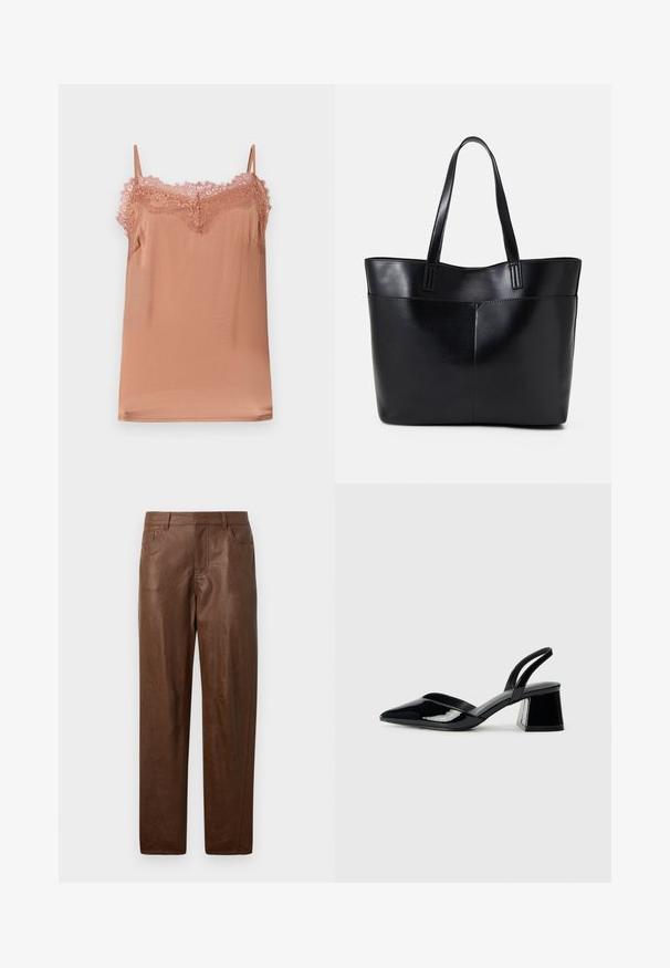 Top camicia in morbido tessuto rosa, caratterizzato da spalline regolabili e un bordo in pizzo lungo il collo. Texture liscia con una vestibilità rilassata.; Pantaloni in pelle marrone con una texture liscia, design a gamba dritta e due tasche laterali. Presentano dettagli di cucitura visibili.; Décolleté in vernice nera con punta affusolata e tacco in geometria cubica. Presentano un design elegante e minimalista, con una texture liscia.; Borsa a tracolla in pelle nera con due manici lunghi, una texture liscia e una forma strutturata. Presenta una tasca frontale per ulteriore spazio di archiviazione.