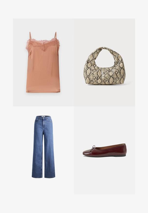 Cami top in soft rose fabric, featuring adjustable straps and a lace trim along the neckline. Smooth texture with a relaxed fit.; Light blue denim wide-leg jeans with a high waist, two front pockets, and visible stitching. Features a button and zipper closure.; Burgundy patent leather ballet flat with a rounded toe, small bow accent at the front, and a low, black rubber sole. Smooth texture.; Snake-print handbag with a curved handle. Made from textured, beige and brown materials, featuring a distinctive diamond pattern.