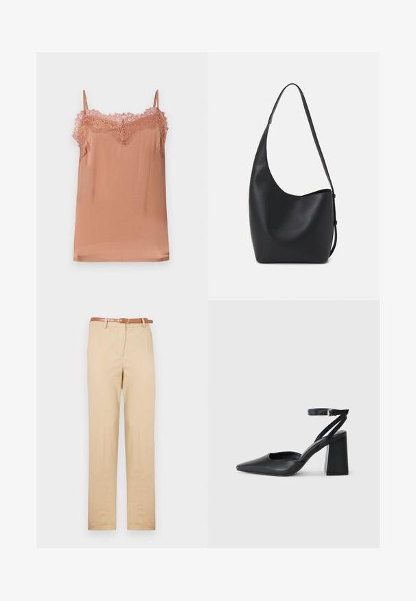Pehmeast roosa kangast Cami top, millel on reguleeritavad õlapaelad ja pitsreuna kaeluses. Sile tekstuur ja mugav lõige.; Beezid coolid kergest kangast, sirge lõikega, küljetaskutega ja pruuni nahkveeidega, millel on ristkülikukujuline pandla.; Mustmustest must-käigukingad, millel on konksuga nöör ja paks konts. Ühtlane tekstuur, stiilne disain ja minimalistlik esteetika.; Mustast nahast hobo kott, millel on sile tekstuur, kumer kuju ja üks reguleeritav rihm; peal on lai avaus.