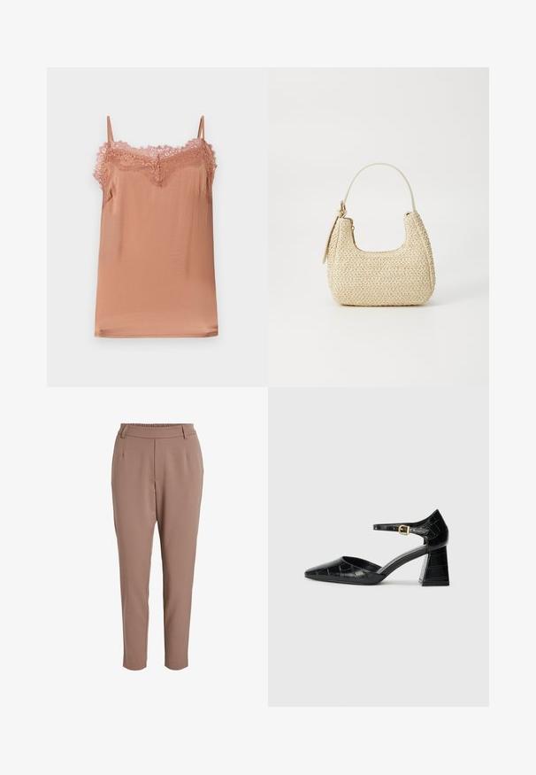 Cami top in soft rose fabric, featuring adjustable straps and a lace trim along the neckline. Smooth texture with a relaxed fit.; Brown, tailored pants with a smooth texture, featuring a wide elastic waistband and two front pockets. Tapered leg design.; Black patent leather high-heeled shoe with pointed toe, ankle strap, and textured crocodile pattern. Square block heel design.; Woven straw handbag in beige with a curved shape, a short handle, and a side zipper. Features textured surface and minimalistic design.