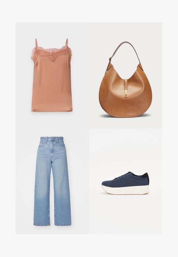 Pehmeast roosa kangast Cami top, millel on reguleeritavad õlapaelad ja pitsreuna kaeluses. Sile tekstuur ja mugav lõige.; Heledad sinine kõrge vöökohaga laiad teksad, ees nupp ja tõmblukk, ees ja taga taskud, valge tausta peal.; Tumedat sinised tennised tekstureeritud riidest pealispinnaga, valge platvormi tallaga, ümarate varvaste ja musta kontsapaneeliga. Omab kuut silma paelte jaoks.; Kohvane nahast käekott, millel on kaarjas kuju ja lai õlavööt. Koti keskosas on kuldne metallne detail ning pind on sile.