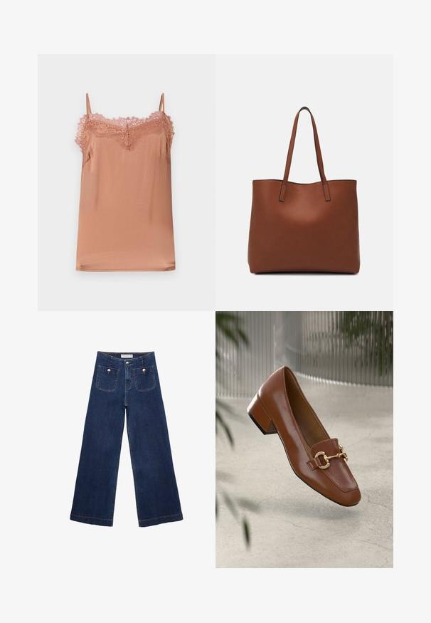 Top w kolorze delikatnego różu, wykonany z miękkiego materiału, z regulowanymi ramiączkami i koronkowym wykończeniem przy dekolcie. Gładka tekstura oraz luźny krój.; Ciemnoniebieskie jeansy typu wide-leg wykonane z denimu, z dwoma przednimi kieszeniami z dekoracyjnymi guzikami i prostym wykończeniem nogawek.; Brązowe lakierowane mokasyny z kwadratowym noskiem, metalowym łańcuszkiem i niskim blokowym obcasem; gładka faktura, minimalistyczny design.; Brązowa skórzana torba tote o gładkiej fakturze, z otwartym wierzchem i dwoma ramiączkami. Charakteryzuje się minimalnym przeszyciem i brakiem widocznych elementów metalowych.