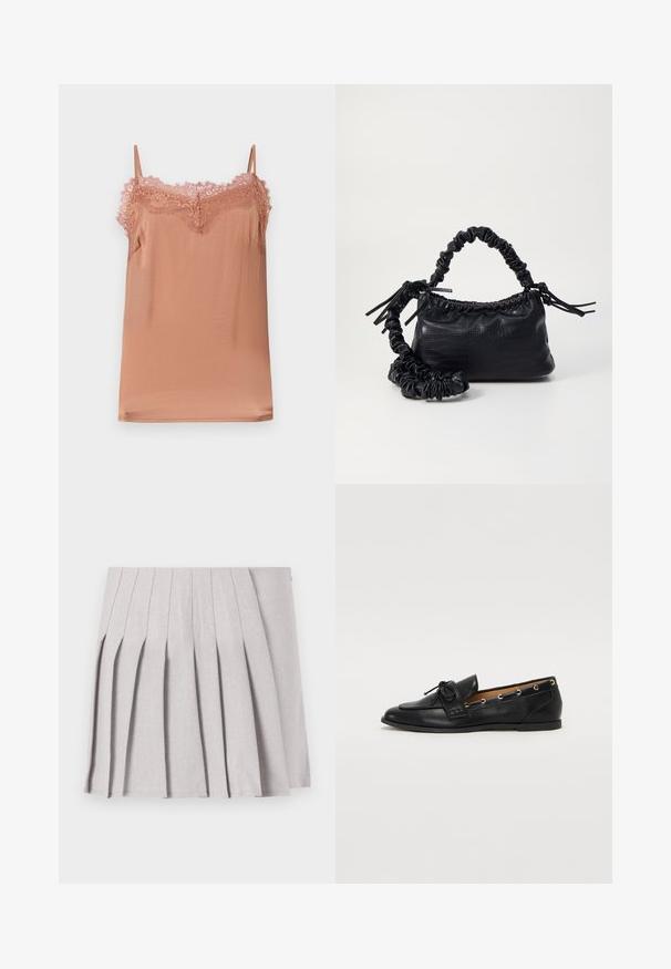 Top din material roz moale, cu bretele ajustabile și o dantelă pe de-a lungul gulerului. Textură netedă cu o croială lejeră.; Fustă plisată gri, cu o textură netedă, având multiple plii verticale și o talie ajustată. Fabricată din material ușor.; Mocasini din piele neagră cu fundiță legată, având accente aurii sub formă de ochiuri pe laterale și o talpă plată din cauciuc. Textură netedă, design clasic.; Geantă din faux leather neagră cu textură de crocodil, cu partea superioară strânsă și o curea mototolită. Pare moale și compactă ca design.