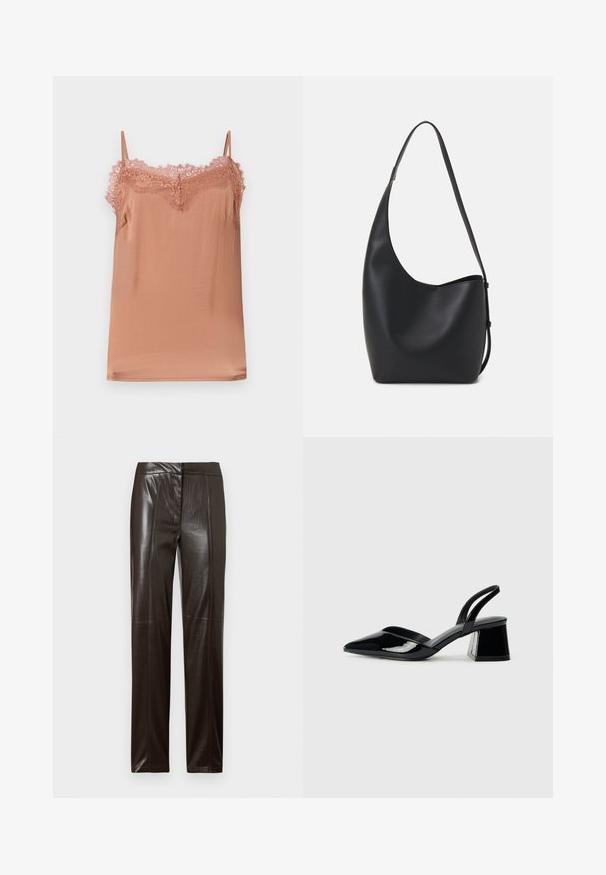 Top camicia in morbido tessuto rosa, caratterizzato da spalline regolabili e un bordo in pizzo lungo il collo. Texture liscia con una vestibilità rilassata.; Pantaloni in pelle dritti di colore marrone scuro con una finitura liscia e delicati dettagli delle cuciture lungo la parte frontale.; Décolleté in vernice nera con punta affusolata e tacco in geometria cubica. Presentano un design elegante e minimalista, con una texture liscia.; Borsa hobo nera in pelle con una superficie liscia, forma curvata e una singola tracolla regolabile; presenta un'ampia apertura nella parte superiore.