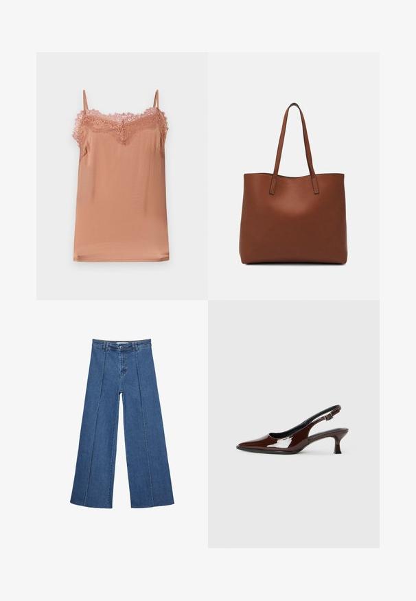 Top na ramienka v jemne ružovom materiáli, s nastaviteľnými ramienkami a čipkovaným lemovaním okolo výstrihu. Hladká textúra s voľným strihom.; Rovné džínsy s širokými nohavicami v strednom modrom odtieni, so zvýšeným pásom, zapínaním na gombík a kontrastnými vertikálnymi švami pozdĺž prednej strany.; Hnedá lakovaná slingback obuv s špicatou špičkou a mierne vysokým opätkom. Obsahuje pracku pre bezpečné upevnenie. Hladká textúra.; Hnedá kožená taška na rameno s hladkou textúrou, otvoreným vrchom a dvoma ramenými popruhmi. Má minimálne šitia a žiadne viditeľné kovania.