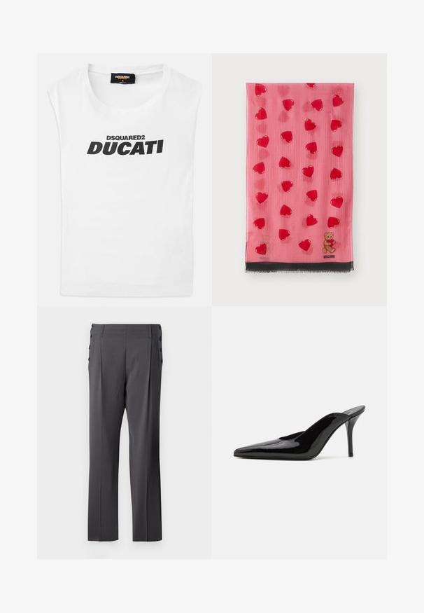 White sleeveless shirt with black "DSQUARED2 DUCATI" text printed on the front and a small tag with brand details inside the collar.; White button-up shirt with long sleeves, featuring a ruched texture across the front, small golden buttons, and a standard collar.; Gray tailored pants featuring a straight leg design, front pleats, and decorative side buttons for added detail. Smooth fabric texture.; Black patent leather high-heeled mule with a pointed toe and a sleek silhouette, featuring an open back and a slender stiletto heel.; Pink scarf featuring a pattern of transparent red hearts and a bear, with a black fringe and logo detail at the bottom edge.