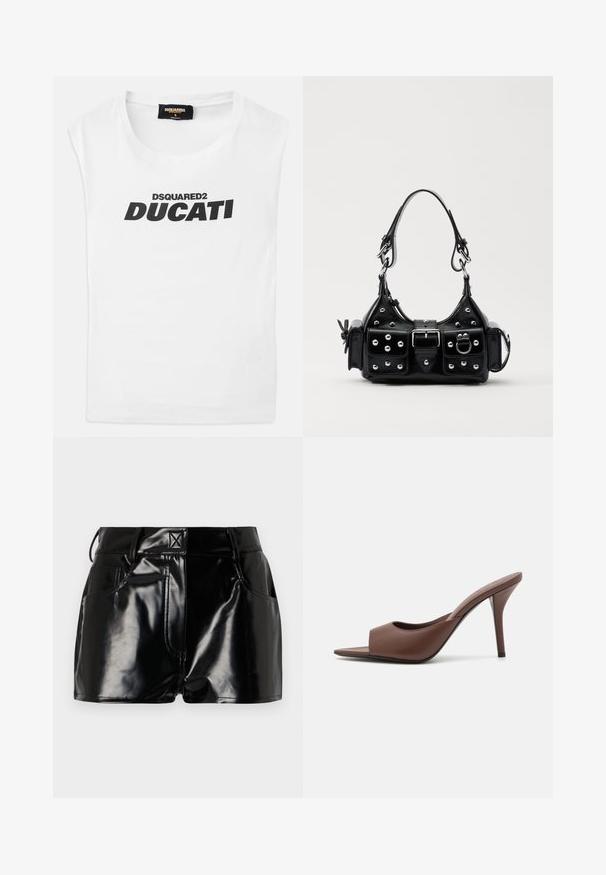 Camisa sin mangas blanca con el texto negro "DSQUARED2 DUCATI" impreso en el frente y una pequeña etiqueta con los detalles de la marca dentro del cuello.; Shorts negros y brillantes de material sintético. Presentan una cintura ajustada, trabillas para el cinturón y bolsillos frontales con detalles de costura prominentes.; Mules de tacón alto destalonados de cuero marrón con un diseño elegante, que cuentan con una amplia banda frontal y un tacón de aguja esbelto.; Bolso de mano de cuero negro con un diseño curvado, que cuenta con tachuelas plateadas, una hebilla y dos bolsillos laterales. Correa ajustable para opciones de transporte.