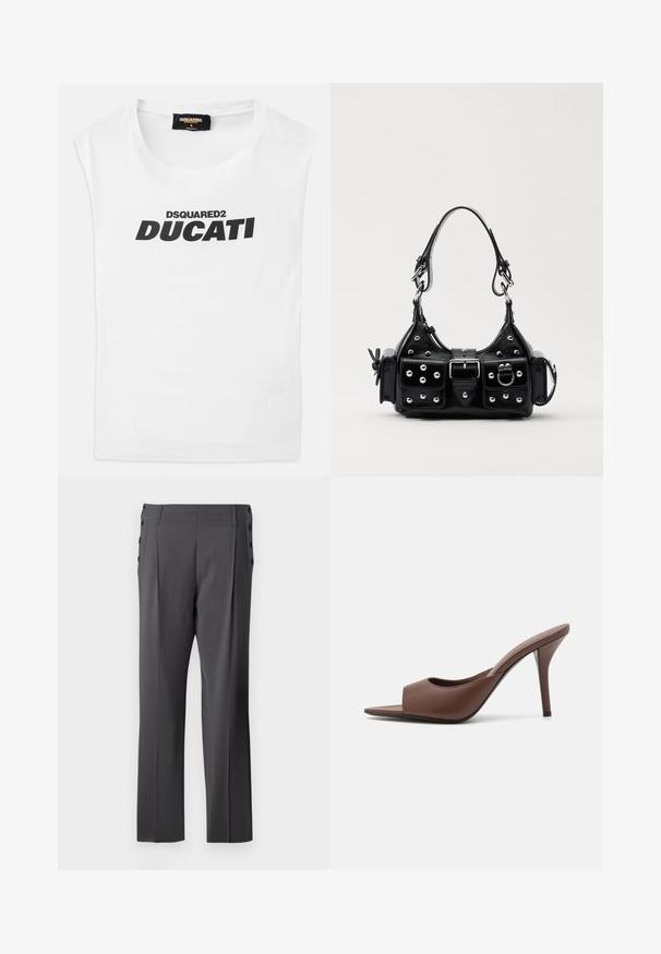 Balta bez piedurknēm krekls ar melnu uzrakstu "DSQUARED2 DUCATI" priekšpusē un mazu tagu ar zīmola informāciju iekšējā apkaklē.; Pelēki pielāgoti bikses ar taisnu kāju dizainu, priekšējiem piegriezumiem un dekoratīvām sānu pogām papildu detaļām. Gluda auduma tekstūra.; Brūni ādas atvērtas pirksta augstpapēžu čības ar elegantu dizainu, kas iezīmējas ar plašu priekšējo siksniņu un slaidu stiletto papēdi.; Melnas ādas rokturmais ar izliekumu, ar sudraba iedurtiem, sprādzi un divām sānu kabatām. Regulējams siksniņas garums dažādām nēsāšanas iespējām.