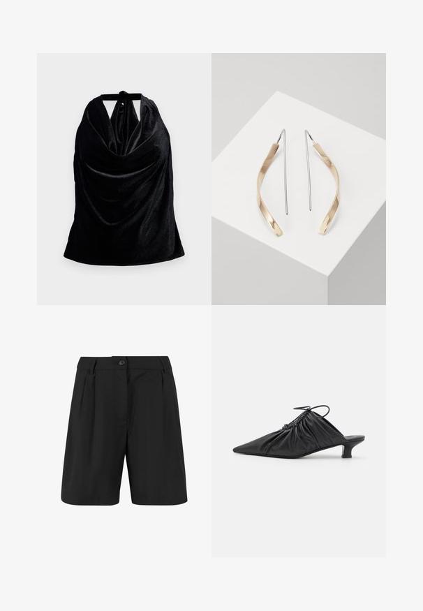 Juoda halterio tipo viršutinė dalis, pagaminta iš minkštos, drapiruotos medžiagos. Yra kaklo raištis ir glotni, blizganti tekstūra. Paprastas dizainas be raštų.; Juodi šortai su pritaikyta išvaizda, su priekine klostėmis, lygiu priekiniu paviršiumi ir vienu mygtuko uždarymu. Lygus audinio tekstūros paviršius.; Juodos odinės mules su smailiu pirštu, susiraukšlinta tekstūra ir mažais kitten kulniukais. Turi raištelio detalę prie atidarymo.; Auksiniai ir sidabriniai kabantys auskarai su išlenkta, pailga forma. Blizgus paviršius su lygiu tekstūra ir minimalistinis dizainas.