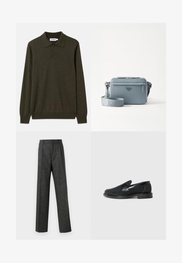 Camisa polo de manga larga en verde oliva oscuro, hecha de tela suave. Presenta un collar clásico, una tapeta de tres botones y puños acanalados.; Pantalones gris ajustados hechos de una tela texturizada, con dos pliegues frontales y un diseño de pierna recta. Sin bolsillos visibles ni adornos.; Zapato negro de tejido con un acento de cuero suave en la parte superior, diseño de punta redonda y suela de goma de perfil bajo.; Bolso bandolera estructurado azul hecho de material texturizado, con cierre de cremallera, bolsillo frontal y correa ajustable con la marca "EMPOR".