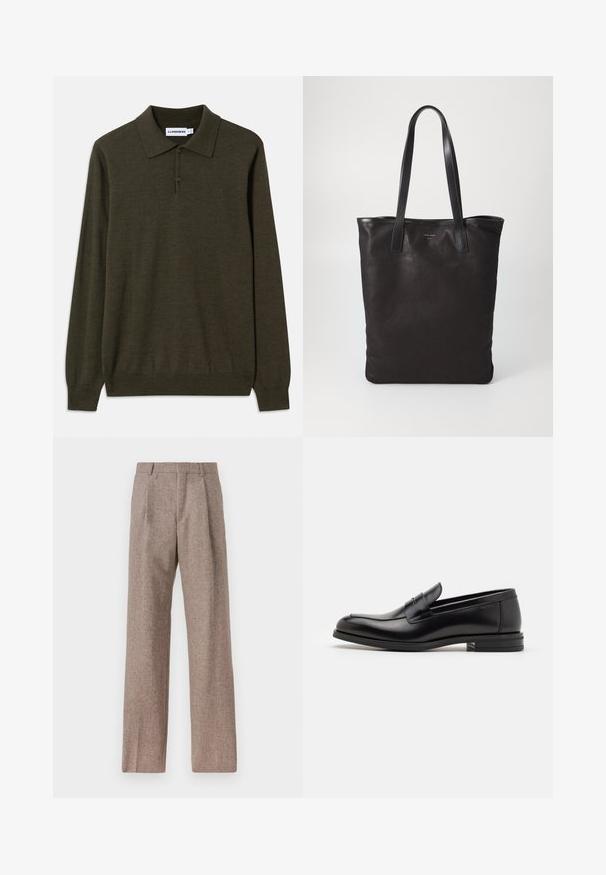 Dolga majica polo v temno olivno zeleni barvi, izdelana iz mehkega materiala. Ima klasičen ovratnik, zapenjanje na tri gumbe in rebraste manšete.; Rjave hlače z visokim pasom, izdelane iz teksturirane tkanine. Imajo široke noge in dve sprednji pregibi za strukturo. Urejen zaključek brez vidne strojne opreme.; Črne usnjene loafer čevlje z gladko teksturo, zaobljenim nosom in dekorativnim trakom čez zgornji del. Nizka zložena peta, minimalističen dizajn.; Črna platnena torba s črnimi usnjenimi ročaji. Preprost dizajn, prostorna notranjost in gladka tekstura. Brez vidnih logotipov ali vzorcev.