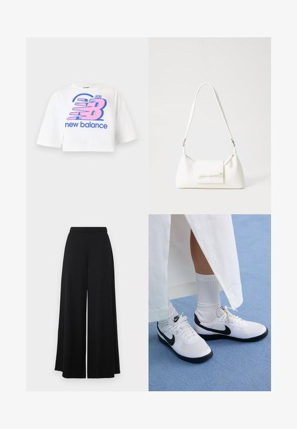 Weißes, kurzes T-Shirt aus Baumwolle, das einen großen pinken und blauen Grafikdruck des "New Balance"-Logos und stilisierten Buchstaben zeigt.; Schwarze weit geschnittene Hosen mit flachem Bund. Hergestellt aus einem glatten, leichten Stoff, der eine fließende Silhouette bietet. Keine Taschen oder Verzierungen.; Weiße Nike-Sneaker mit schwarzen Akzenten, ausgestattet mit einem Obermaterial aus glattem Leder, weißen Schnürsenkeln und stabilen Gummisohlen, kombiniert mit weißen gerippte Socken.; Weiße synthetische Handtasche in dreieckiger Form, flache Vorderklappe und Schleifendetail, verstellbarer Trageriemen, glatte Textur und minimalistisches Design.