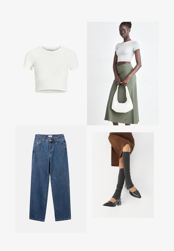 Valkoinen, lyhythihainen t-paita, joka on valmistettu ribbitystä kankaasta. Ominaisuuksiin kuuluu pyöreä pääntie ja lyhyet hihat. Sileä pinta ja istuva malli.; Classiset siniset farkut suoran lahkeen muotoilulla, viidellä taskulla ja napillakaan. Ominaisuudet: keskivahva pesu ja kestävä rakenne.; Musta lakattu nahkakengät teräväkärkisillä, leveällä kantapäällä ja nilkkahihnalla, yhdistettynä harmaisiin ribattuihin säärystimiin ja ruskeaan mokkasiinimekkoon.; Harmaa ribbattu crop-top ja oliivinvihreä korkeavyötäröinen hame. Malli pitää valkoista olkalaukkua, jossa on leikattu yksityiskohtia. Yksinkertainen muotoilu, vartalonmyötäinen siluetti.