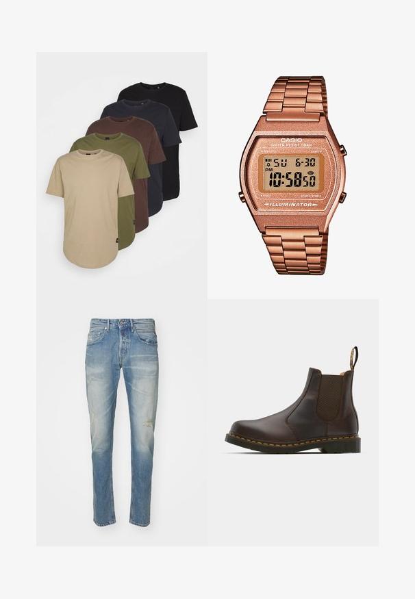 Pět triček uspořádaných ve barevném gradientu: béžová, olivově zelená, hnědá, tmavě modrá a černá. Vyrobená z měkké bavlny, s krátkými rukávy a kulatým výstřihem.; Světle modré džíny z denimu s vybledlým povrchem, jemné opotřebení na kolenou, rovný střih, pět kapsového stylu a kovové zapínání.; Hnědé kožené Chelsea boty s elastickými bočními panely, texturovaným podpatkem a kontrastním žlutým prošíváním. Mají poutko pro snadné obouvání.; Digitální hodinky Casio s kovovým řemínkem v růžovém zlatě, obdélníkovým pouzdrem, podsvíceným displejem a vodotěsností, zobrazující čas a datum.
