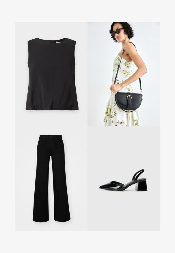 Fekete ujjatlan felső sima anyagból, kerek nyakkivágással és hátsó cipzárral a záródásért. Egyszerű, mintázat nélküli kialakítás.; Fekete, bő szárú farmernadrág, amelynek állítható derékrésze van, övhurkokkal és elülső zsebekkel. Simaság jellemzi, klasszikus dizájnnal.; Fekete lakk bőr szandálkés magas sarkú cipő, hegyes orral és geometrikus tömbsarkakkal. Karcsú, minimalista dizájn és sima textúra jellemzi.; Fekete bőrtáska ívelt formával, levehető pánttal és arany színű fémrészekkel. A táskán egy csattal díszített fedél található.