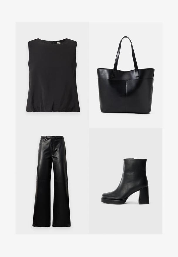 Top preto sem mangas feito de um tecido suave, com um decote redondo e um fecho de correr nas costas. Design simples sem padrões.; Calças largas de imitação de couro pretas, de cintura alta, com botão frontal, fecho de correr, passadores de cinto e bolsos laterais sobre fundo branco.; Bota de couro preta até ao tornozelo com salto bloco e sola com plataforma, vista de lado sobre um fundo branco liso.; Bolsa tote preta em couro com duas alças longas, textura suave e forma estruturada. Apresenta um bolso frontal para armazenamento adicional.