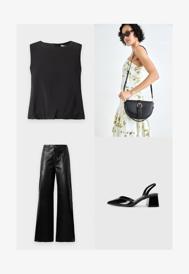 Svart ärmlös topp tillverkad av slät tyg, med en rund halsringning och dragkedja i ryggen för stängning. Enkelt design utan mönster.; Svarta högmidjade vida byxor i konstläder med framknapp, dragkedjestängning, bältesöglor och sidofickor på vit bakgrund.; Svarta lackläder slingback klackar med spetsig tå och geometrisk klack. Har en elegant, minimalistisk design och slät yta.; Svart läderhandväska med en böjd form, avtagbar rem och guldiga detaljer. Väskan har ett lock med en spänndetalj.