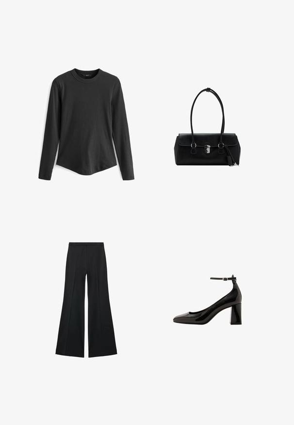 Crna dugoslijedna majica od rebrastog materijala. Ima okrugli izrez i blago zakrivljeni rub na dnu.; Crne široke hlače s glatkom teksturom, koje imaju prednje nabore i kroj po mjeri. Tkanina je lagana i lepršava.; Crne lakirane cipele s remenom oko gležnja i sjajnom završnom obradom, s šiljastim vrhom i debelim blok-potpeticom. Glatka tekstura, minimalno detalja.; Crna kožna torba s glatkom teksturom, strukturiranim dizajnom, dvostrukim ručkama i detaljem od srebra na kopčanju u sredini.
