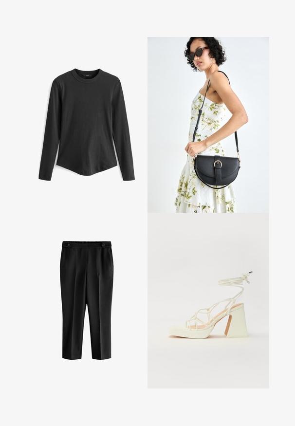 Must mustaga pikkade varrukatega T-särk ribatootest. Omab ümardatud kaelust ja kergelt kõverdatud äärt all.; Mustade lühikesed püksid, millel on mugav lõige, elastne vöökoht ja kaks esime taskut. Kanga tekstuur on sile ja kerge läikega.; Valged kõrge kontsaga sandaalid, millel on paks konts ja rihmadega disain koos pahkluu sidumisega. Sile tekstuur ja platvorm ees, et lisada kõrgust.; Mustmust mustraha kõverate joontega, eemaldatava rihmaga ja kuldsete detailidega. Kotil on klapp, millel on pandladetail.