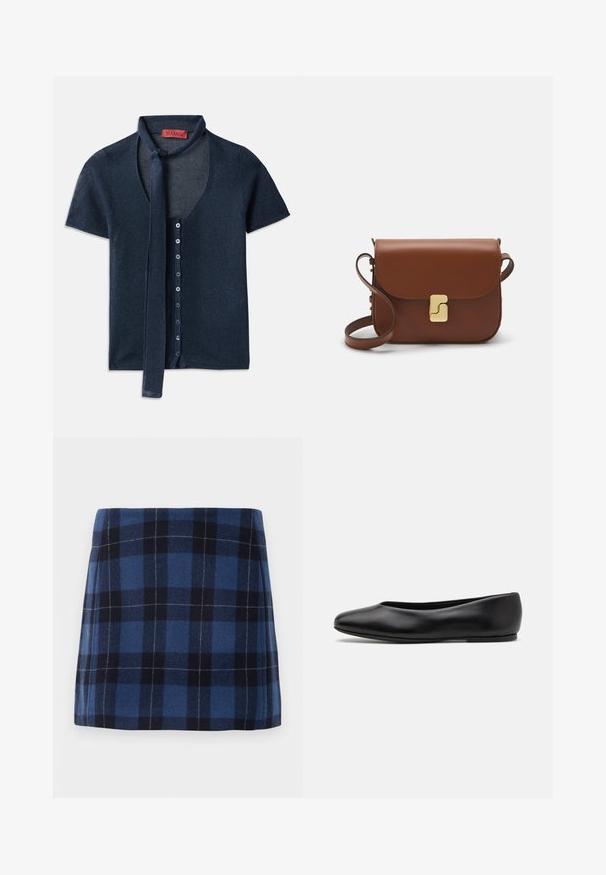 Lühikeste varrukatega tumesinine särk, millel on V-kaelus, ribakujuline tekstuur ja nöör kaeluses. Ees on rida siniseid nööpe.; Tumedast sinine ja meriino ruuduline mini seelik, mis on valmistatud pehmest kangast, millel on veidi tekstureeritud viimistlus. Omab sirget lõiget ja puhtaid jooni.; Paul Smith TOPANGA - Baleriinad - black; Pruunist nahast käekott, millel on klapiga sulgur, kuldne riistvara, õlarihm ja sile tekstuur. Kompaktne ristkülikukujuline vorm.