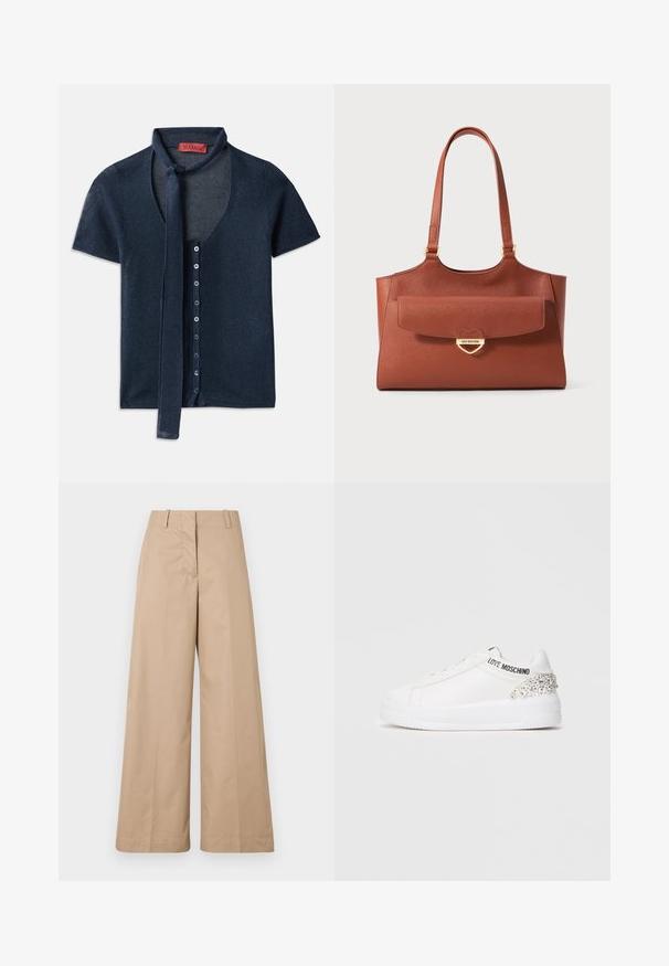 Cardigan cu maneci scurte, de culoare albastru marin, cu decolteu în V, textură cutată și o panglică la guler. Prezintă un rând de nasturi albaștri pe față.; Pantaloni bej cu croi larg dintr-un material de bumbac fin, având o talie concepută și un față plată, proiectați pentru o potrivire relaxată și linii curate.; Sneaker alb cu un superior din piele netedă, o talpă groasă albă și un accent decorativ din strasuri pe toc cu brandingul "LOVE MOSCHINO".; Geantă tote din piele maro cu mânere lungi, buzunar în față cu clapetă și închizătoare în formă de inimă aurie gravată cu "Love Moschino."