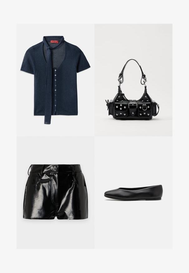 Kratek rokav modri kardigan z V-izrezom, rebrasto teksturo in zavezovanjem na ovratniku. Ima vrsto modrih gumbov spredaj.; Črne, sijoče kratke hlače iz sintetičnega materiala. Imajo prilegajoč pas, zanke za pas in sprednje žepe z izrazitimi šivi.; Paul Smith TOPANGA - Balerinke - black; Črna usnjena torbica s ukrivljenim dizajnom, ki vsebuje srebrne žebljičke, zaponko in dve stranski žepki. Nastavljiv trak za različne možnosti nošenja.