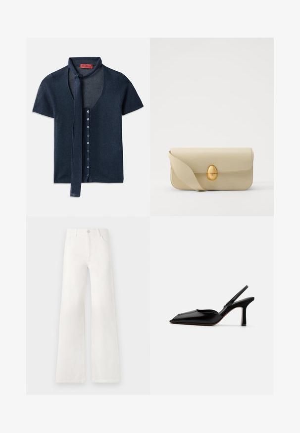 Short-sleeve navy cardigan with a V-neck, ribbed texture, and a tie at the collar. Features a row of blue buttons down the front.; White, high-waisted wide-leg jeans made of denim. Features a button closure, two front pockets, and side seams with stitching details.; Black leather slingback heel with a pointed toe, minimalist design, thin ankle strap, and a sleek stiletto heel. Smooth texture.; Beige leather handbag with a smooth texture, rectangular shape, and a golden oval clasp. Features a long, adjustable strap.