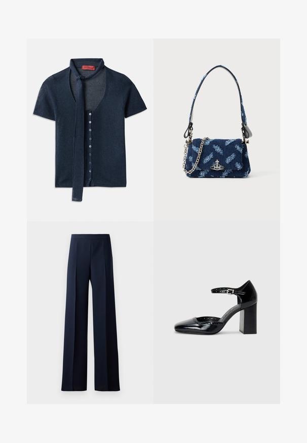 Rövid ujjú sötétkék kardigán V-kivágással, bordázott textúrával és nyakban megkötővel. Az elején egy sor kék gomb található.; Sötét navy színű, bő szárú nadrág, sima textúrával, enyhe elülső redőkkel és egyenes vonalú siluettel rendelkező, testhez simuló derékkal.; Fekete patent bőr, magas sarkú cipők négyzetes orral, bokapánttal és vastag sarkal. A szélén lyukacsos díszítéssel.; Sötétkék textil bevásárlótáska texturált mintával, ezüst hardware-ral és leválasztható láncos pánttal. Füllel zárható, logóval díszítve.
