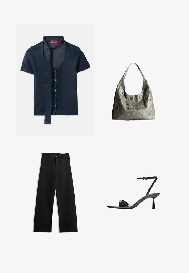Krátky rukáv námornícky kardigán s výstrihom do V, rebrovanou textúrou a viazaním pri golieri. Obsahuje radu modrých gombíkov pozdĺž prednej časti.; Čierne denimové nohavice s širokými nohavicami a vysokým pásom, so prednými a zadnými vreckami, šitými švami a zapínaním na gombík. Hladká textúra.; Bershka Sandále na vysokom opätku - black; Olive zelená kožená kabelka so spadnutým dizajnom, obsahujúca rôzne veľkosti kruhových výrezov a akcenty v tmavších a svetlejších odtieňoch.