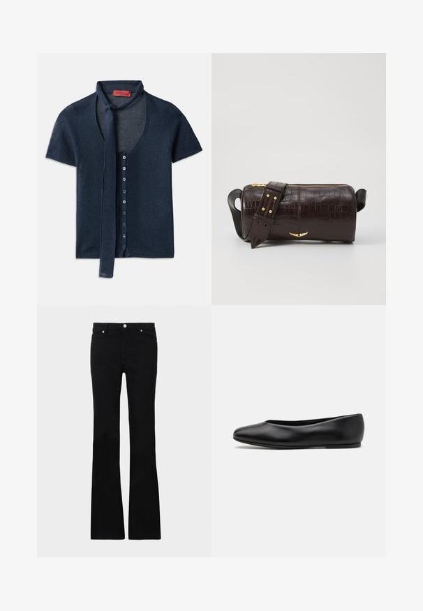 Cardigã azul-marinho de mangas curtas com decote em V, textura canelada e um laço no colarinho. Apresenta uma fileira de botões azuis na frente.; Calças pretas de ganga em corte flare, com dois bolsos frontais, fecho com botão e uma textura suave. Costura característica visível nas costuras.; Paul Smith TOPANGA - Sabrinas - black; Bolsa de couro com textura de crocodilo na cor marrom, com forma cilíndrica, metalizações em tom dourado e uma alça destacável com tachas.