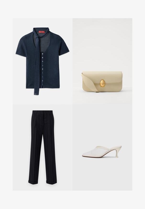 Tamsiai mėlynas trumpomis rankovėmis kardiganas su V formos iškirpte, raukšlėta tekstūra ir kaklo raišteliu. Priekyje yra mėlynų mygtukų eilė.; Juodi smėliniai kelnes su pritaikytu siluetu, su manžetėmis ir priekinėmis klostėmis. Pagaminta iš lygaus audinio su struktūrizuotu dizainu.; Baltos tinklelio smailiakojės mules su plonu vidutinio aukščio kulnu ir užkulnio dizainu ant vientiso fono.; Bežinė odinė rankinė su lygiu paviršiumi, stačiakampio formos ir auksiniu ovaliu užsegimu. Yra ilga, reguliuojama petneša.