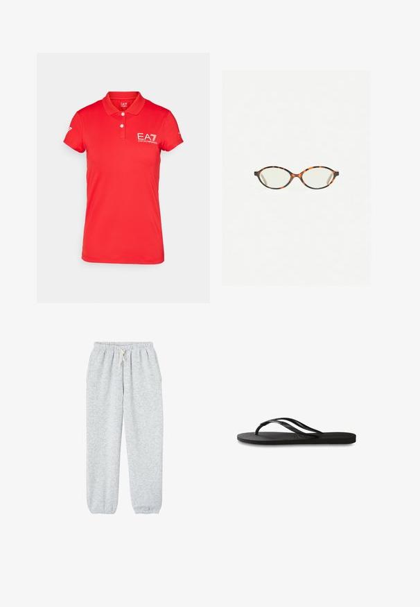 Röd polo skjorta i texturerat tyg, med en tvåknapplåsning och vitt EA7-logotyp på vänster bröst och ärm. Kort ärm.; Grå sweatshirtbyxor gjorda av mjukt tyg, med ett elastiskt midjeband och dragsko, samt elastiska fållar vid anklarna.; Svart flip-flop med en texturerad gummisula, två slanka remmar och en subtil, präglad logodetalj på remmen.; Sköldpaddsmönstrade glasögon med ovala linser och en elegant, slät yta. Har tunna sidor med en subtil kurva vid tinningarna. Klara linser.; Svart läderaxelväska med en slät yta, böjd form och en justerbar rem som har guldiga detaljer och en märkesbetonad accent.